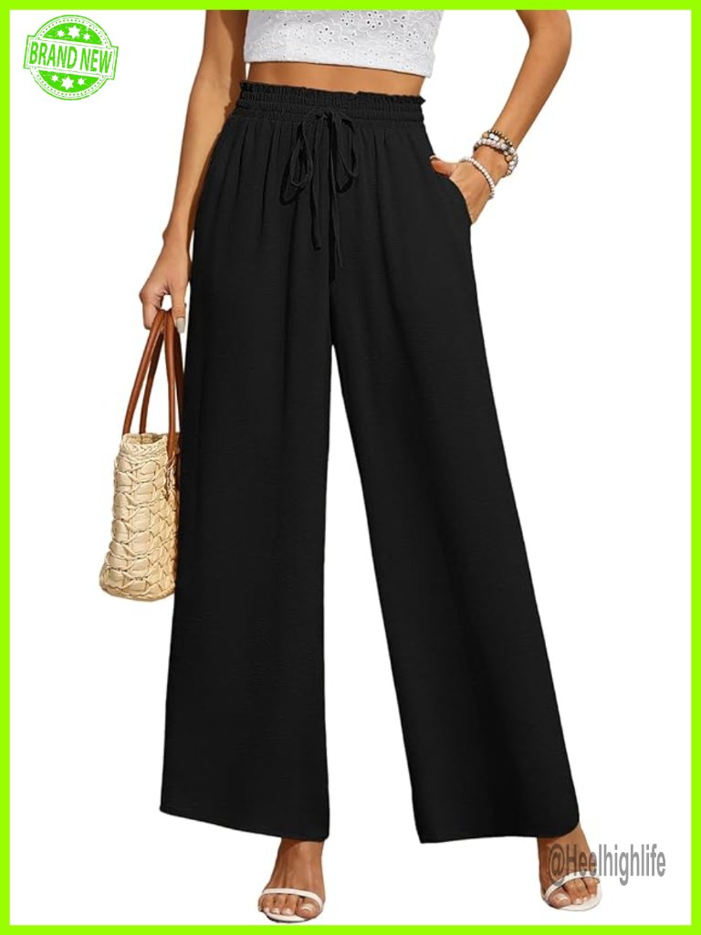 Casual Wide Leg Pants With Pockets Elastic Waist Flowy